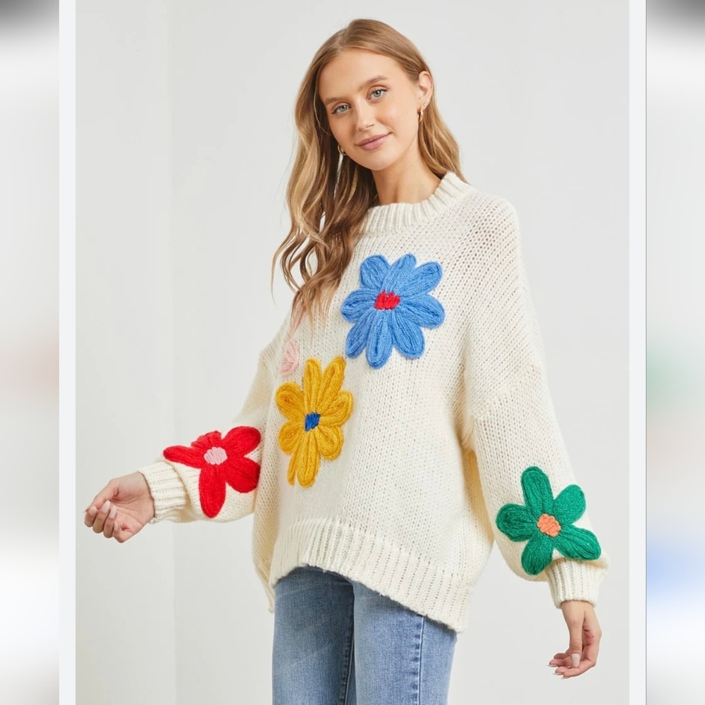 Dreamers By Debut Women's Boho Cottagecore Cream Floral Knit Sweater Size Small